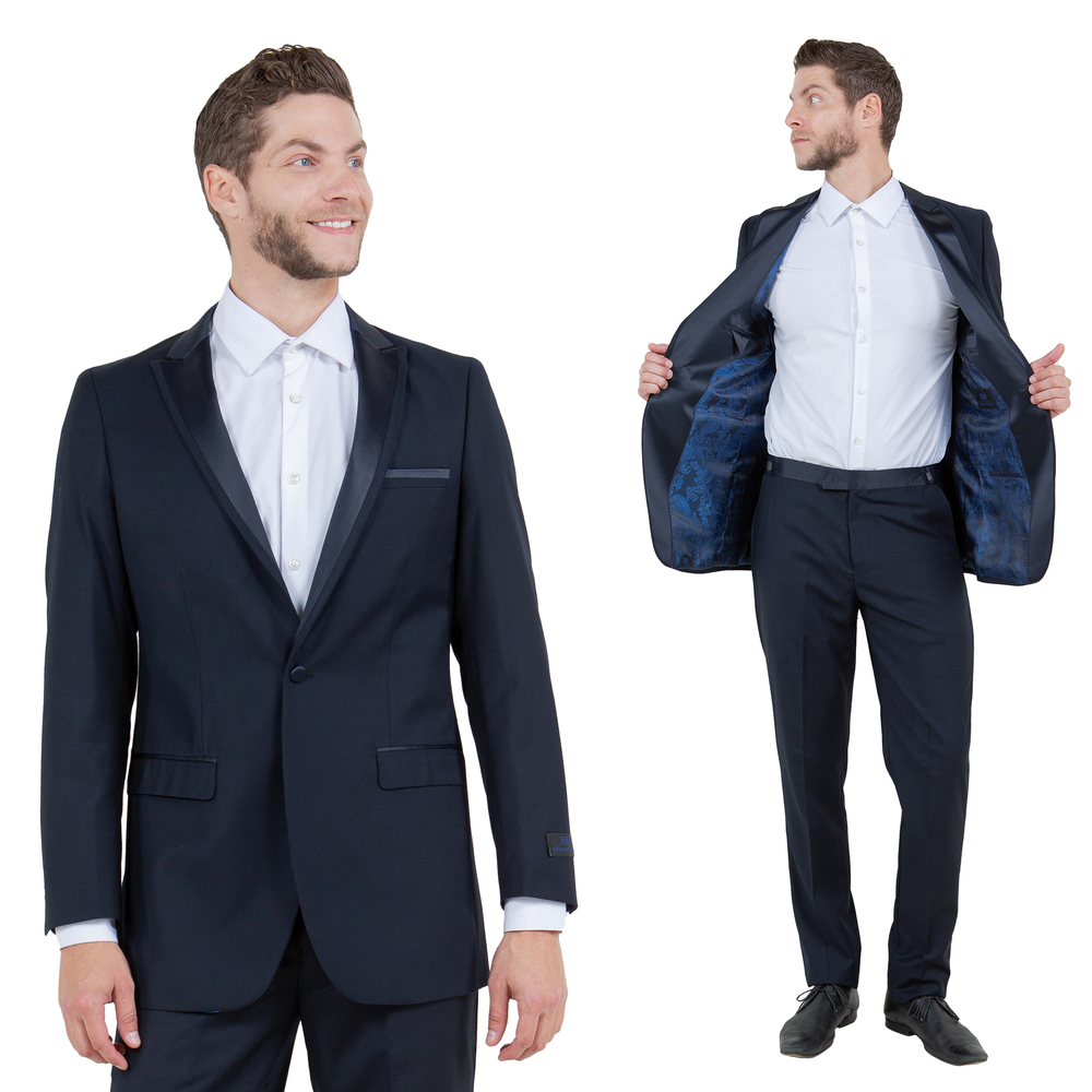 Slim Fit 2pc Tuxedo w/ Satin Peak Lapel by Bryan Michaels, Navy
